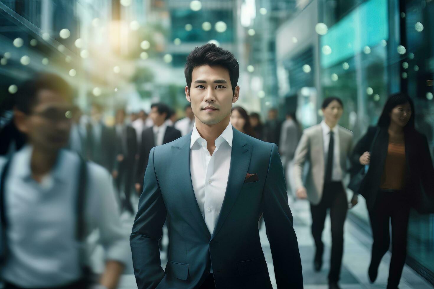 Asian Businessman Walking in Modern City, Handsome Man Walks on a Crowded Pedestrian Street, Asian Manager Surrounded by Blur People on Busy Street. photo