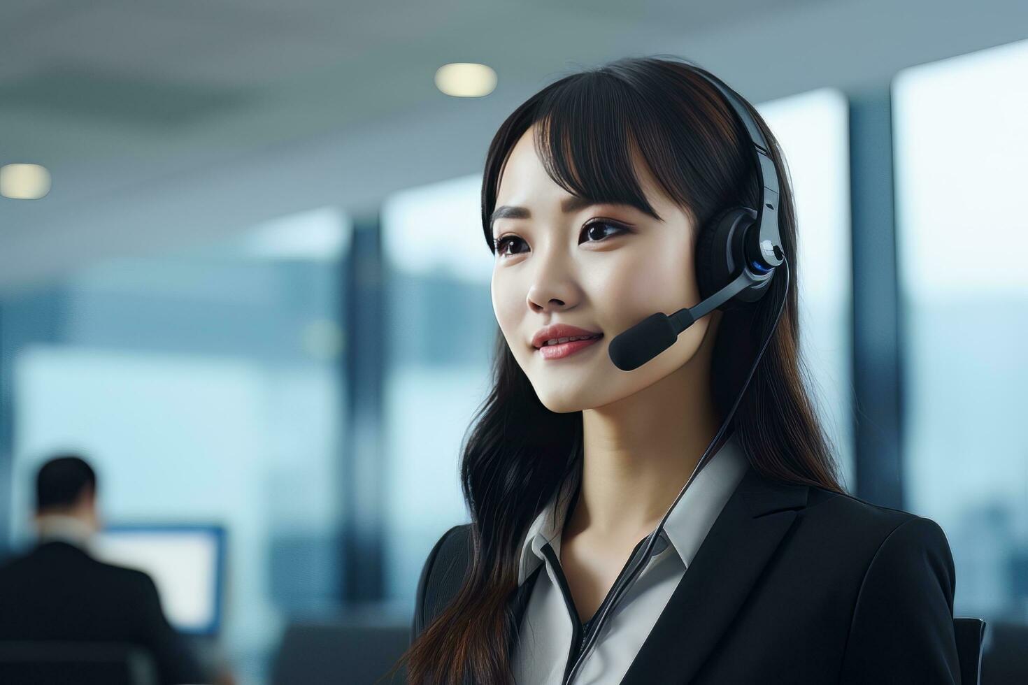 Portrait of a Beautiful Asian Customer Service Operator, Call Center Worker Talking Through Headset with Customer in Modern Office. photo