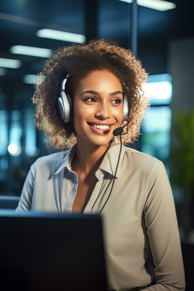 Portrait of a Beautiful African Customer Service Operator, Call Center Worker Talking Through Headset with Customer in Modern Office. photo