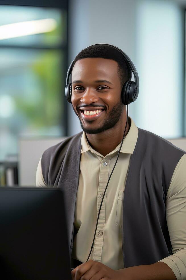 Portrait of a Handsome African Man, Customer Service Operator, Call Center Worker Talking Through Headset with Customer in Modern Office. photo