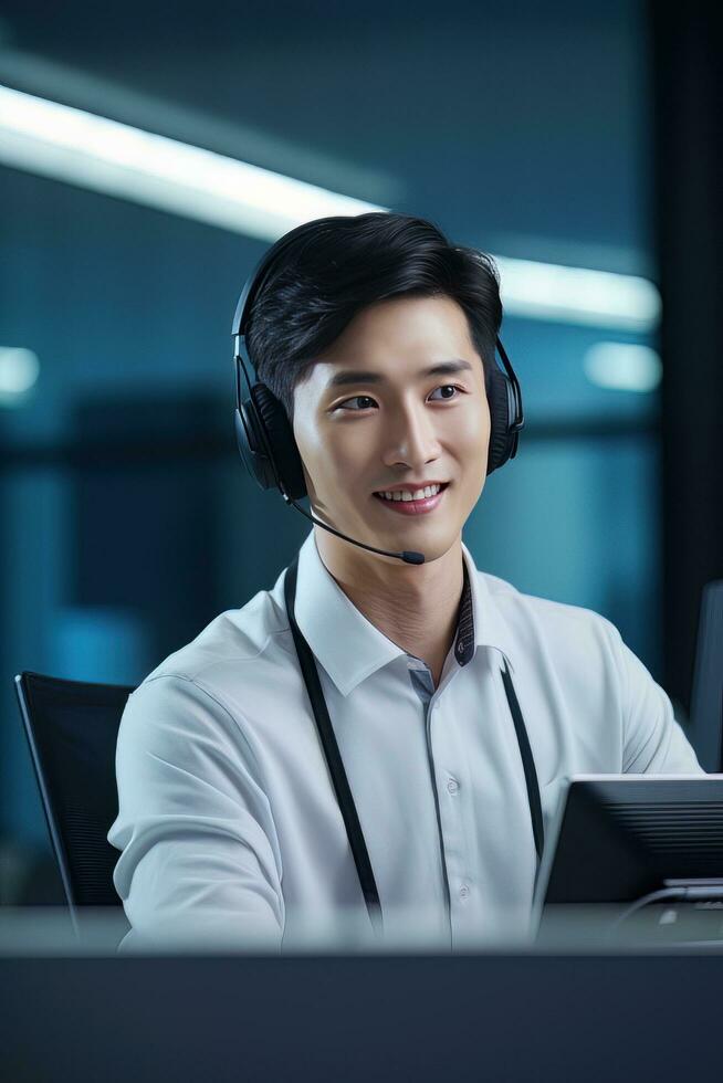 Portrait of a Handsome Asian Man, Customer Service Operator, Call Center Worker Talking Through Headset with Customer in Modern Office. photo
