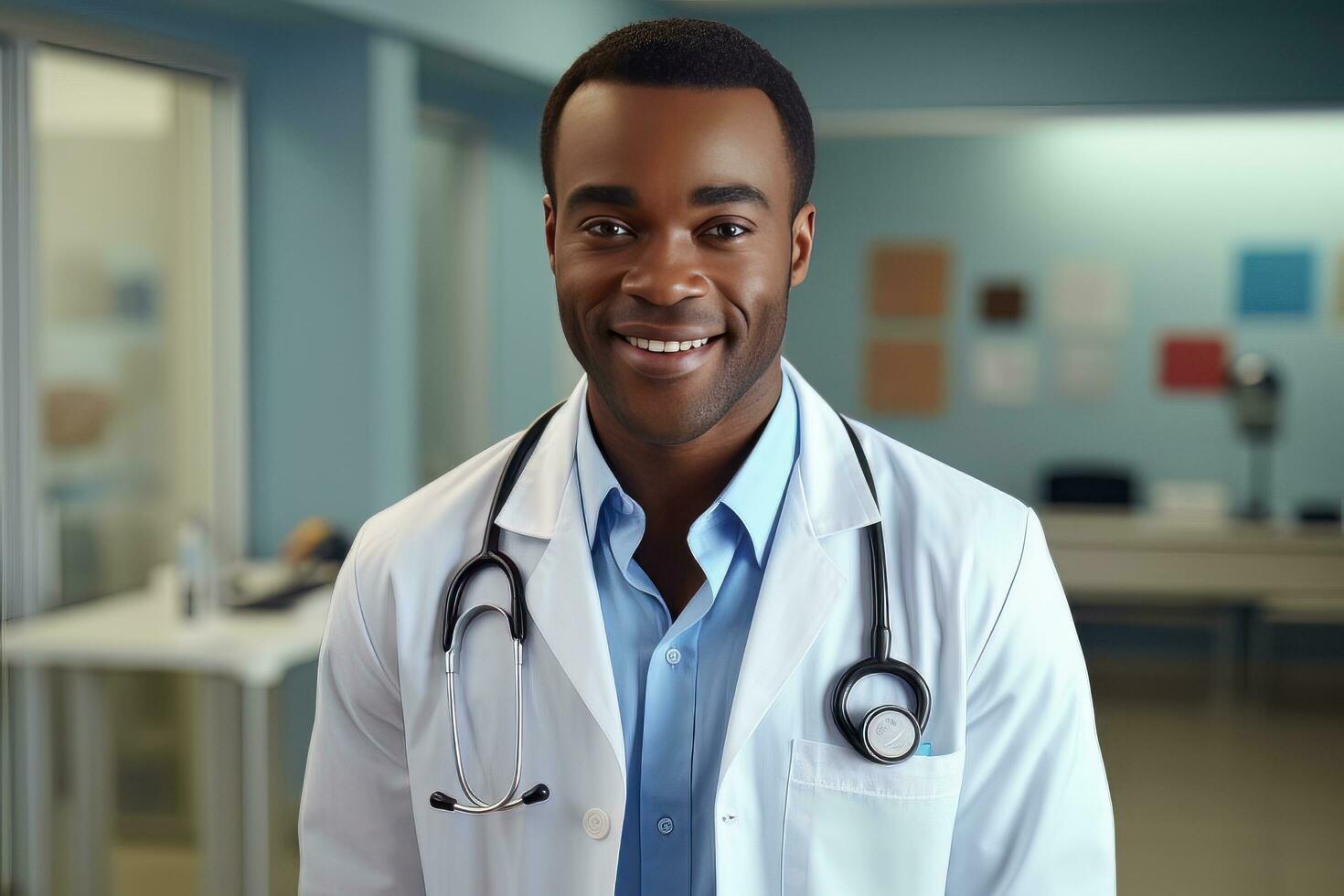 retrato de un africano médico con estetoscopio en el hospital, experimentado mayor médico médico sonriente y mirando a cámara. foto