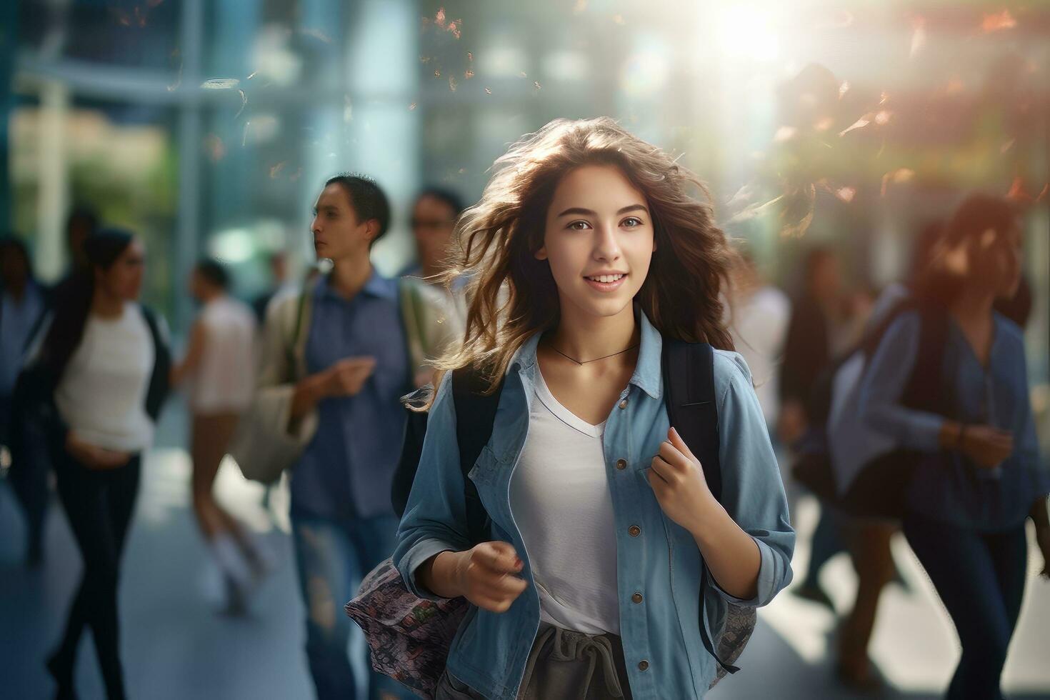 Beautiful Student Walking to School, Teenager Girl Walks on a Crowded Pedestrian Street, Female Student Looking at Camera and Smiling. photo