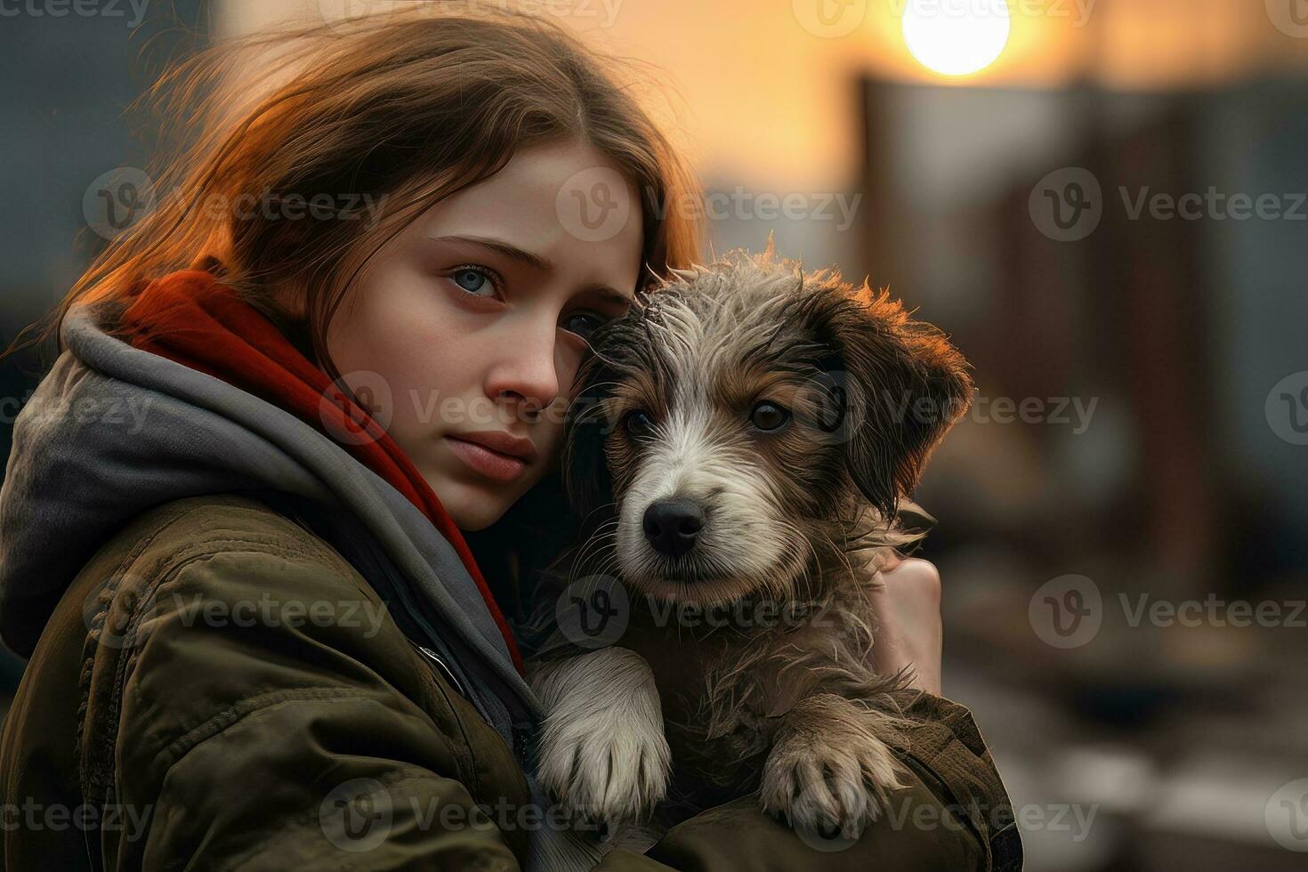 Little Girl Hugging her Dog with Warm Light Background, Kid Hugs a Stray Dog to Conveying a Sense of Love. photo