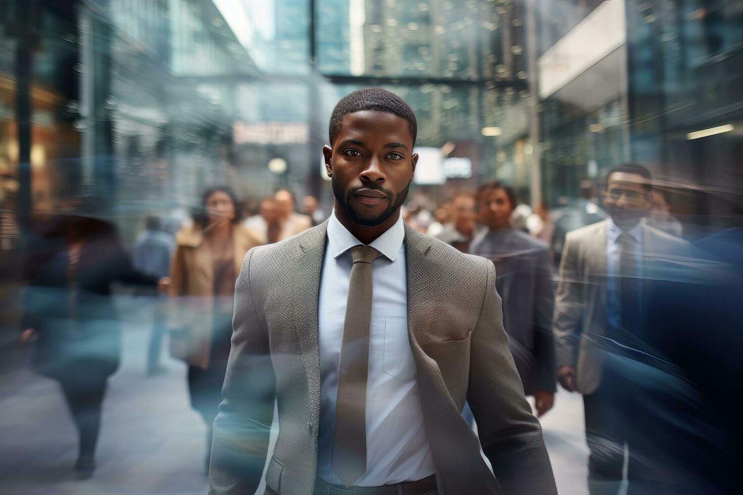 negro empresario caminando en moderno ciudad, hermoso hombre camina en un concurrido peatonal calle, africano gerente rodeado por difuminar personas en ocupado calle. foto