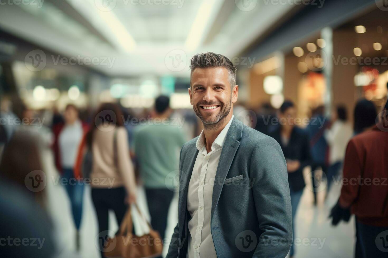Portrait of Happy Male Goes to Shopping in Modern Clothing Store, Handsome Man Walking in Shopping Mall Surrounded By Blurred People. photo