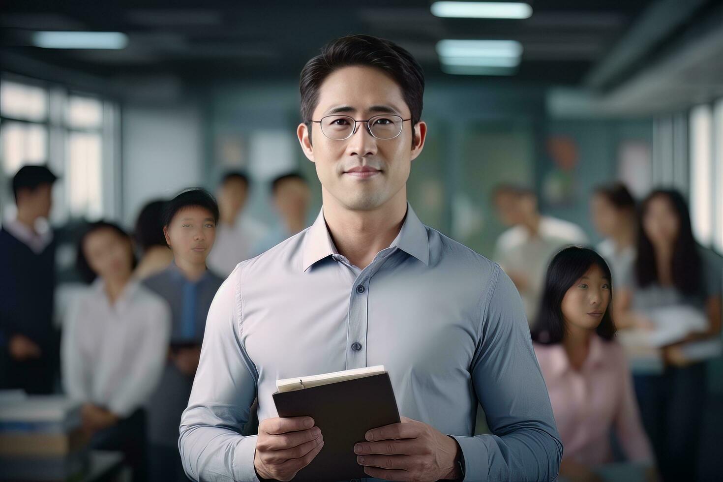 Portrait of Happy Asian Male Teacher with a Book in School, Young Man Tutor Smiling and Looking at the Camera photo