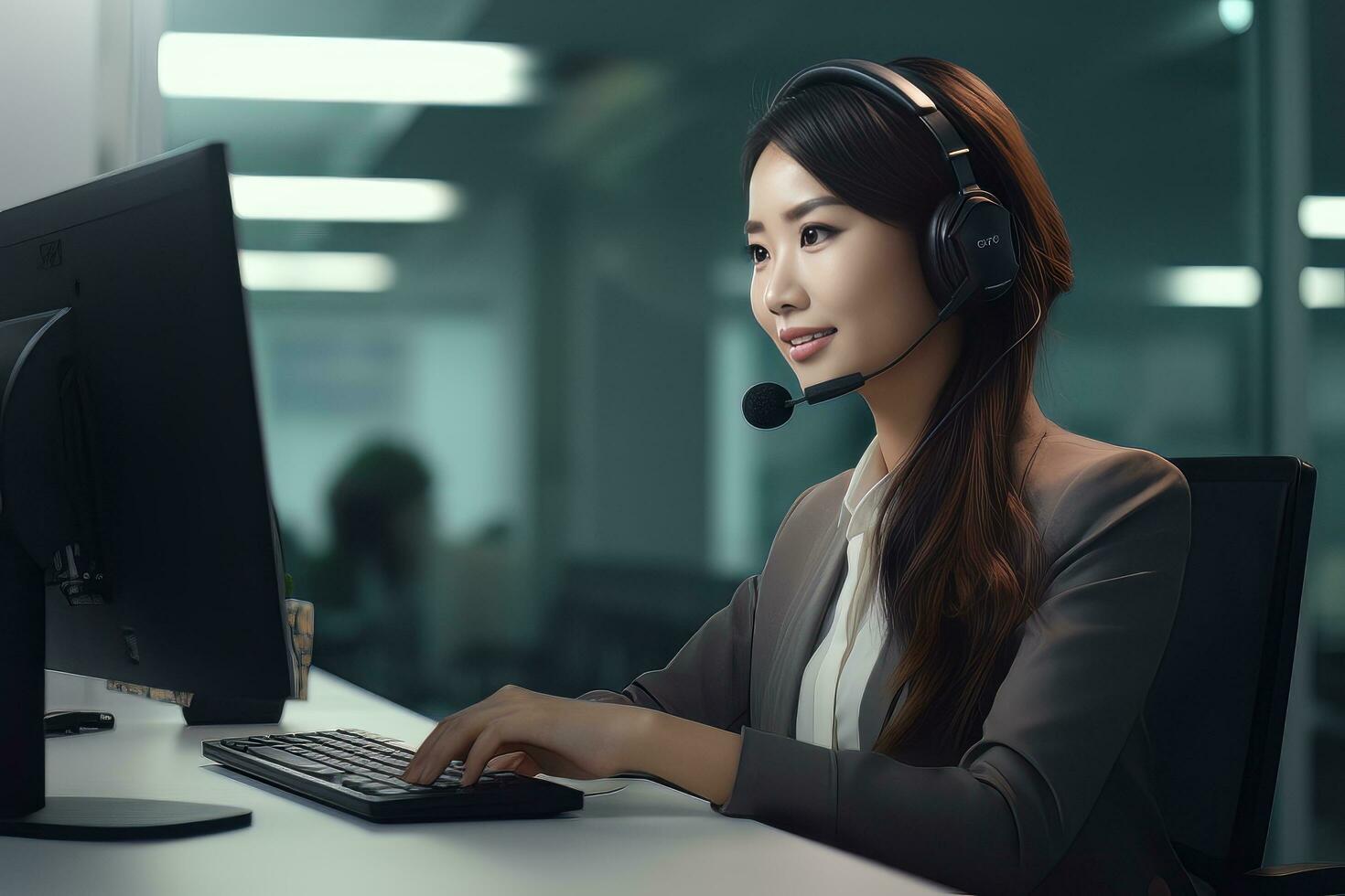 Portrait of a Beautiful Asian Customer Service Operator, Call Center Worker Talking Through Headset with Customer in Modern Office. photo