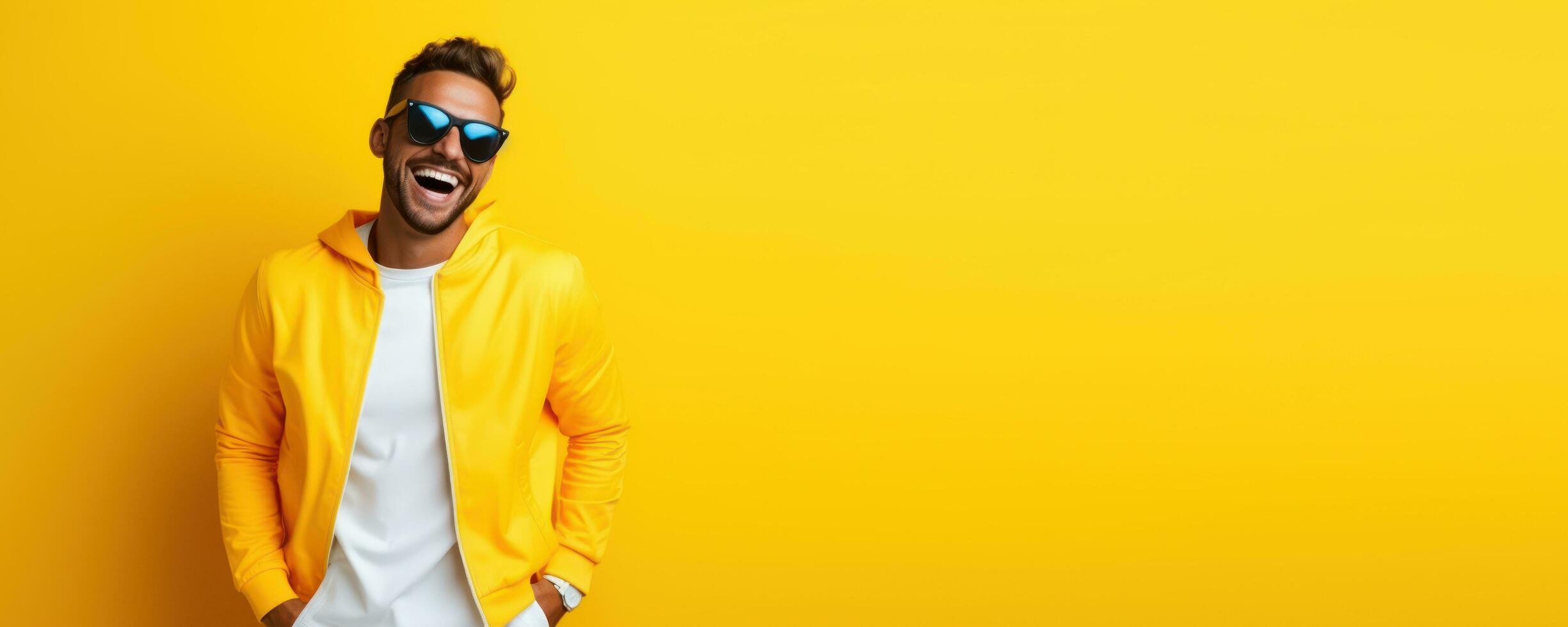 Portrait of Cheerful Man Wears Sport Fashion with Empty Copy Space, Happy Sporty Male Smiling on Studio Background, Winner Gesture Celebrating. photo