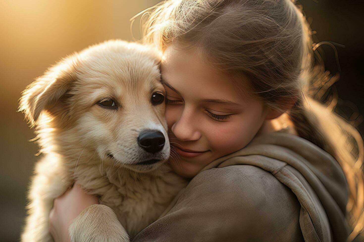 Little Girl Hugging her Dog with Warm Light Background, Kid Hugs a Stray Dog to Conveying a Sense of Love. photo