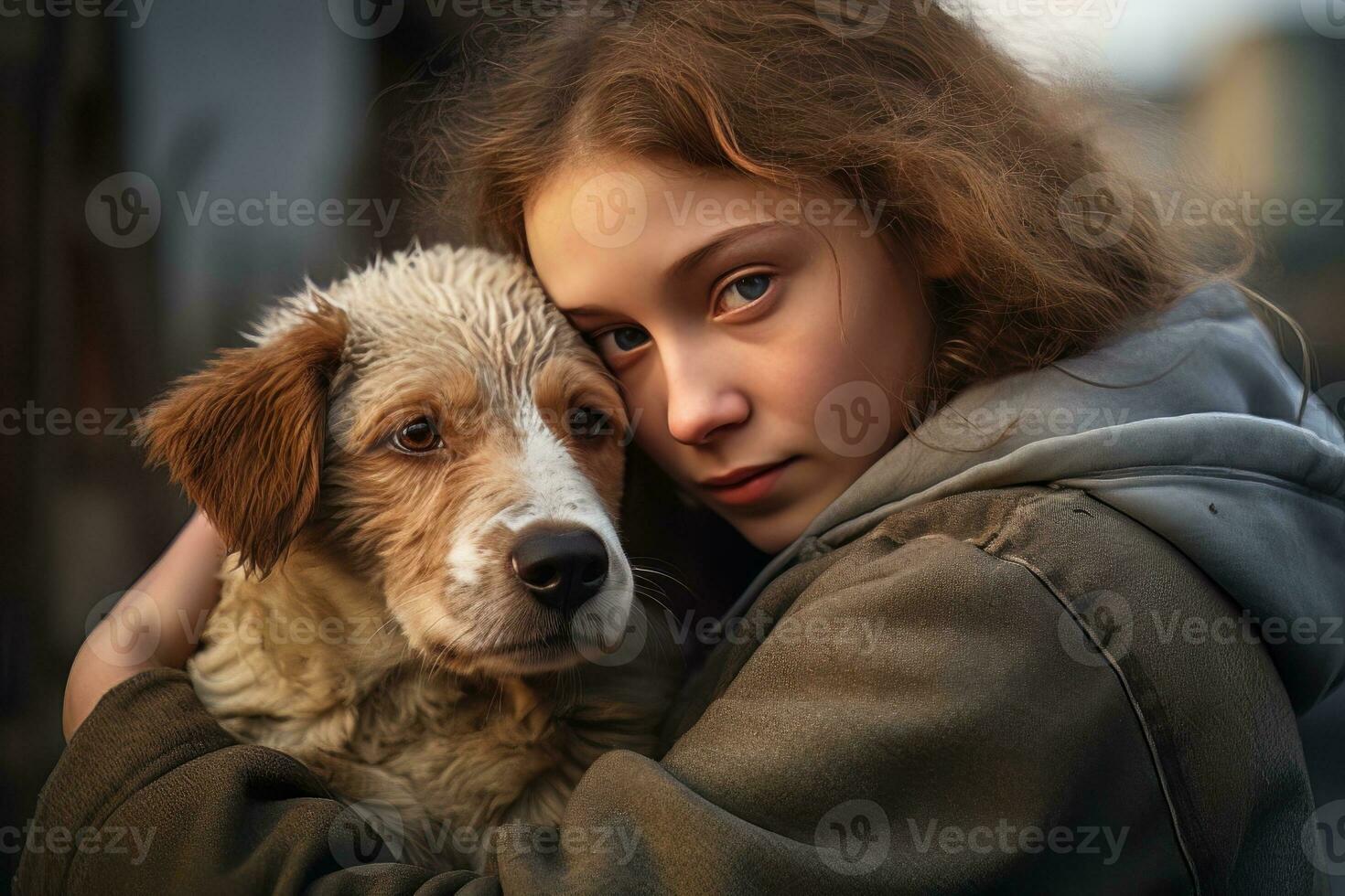 Little Girl Hugging her Dog with Warm Light Background, Kid Hugs a Stray Dog to Conveying a Sense of Love. photo