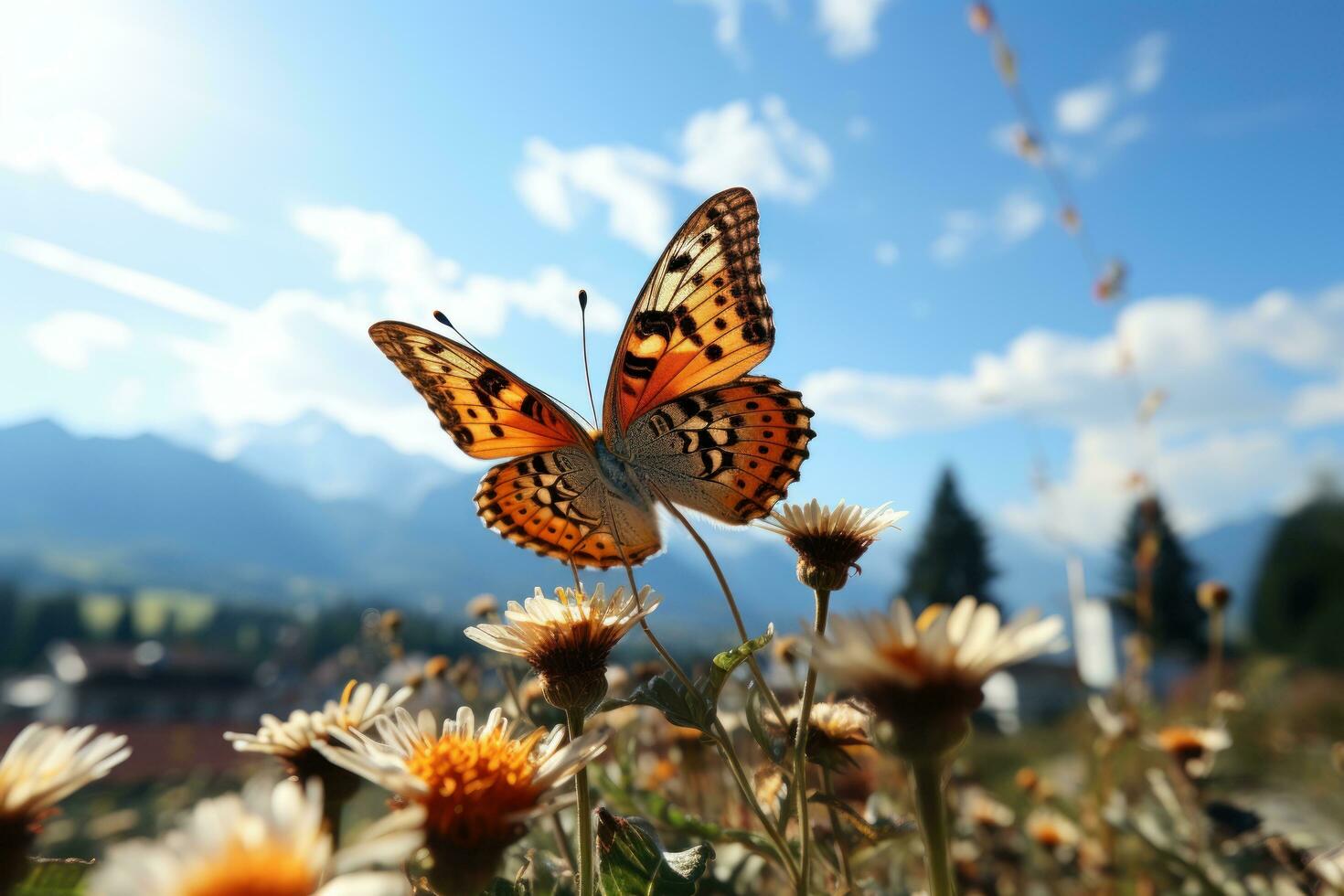 Beautiful Butterfly Surrounded by Flowers and Leaves Blue Sky Background. Generative Ai photo