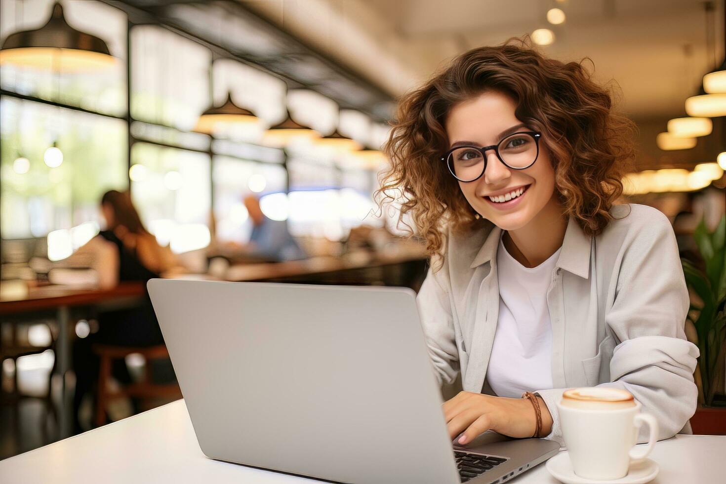 Portrait of Beautiful European Female Student Learning Online in Coffee Shop, Young Woman Studies with Laptop in Cafe, Doing Homework photo
