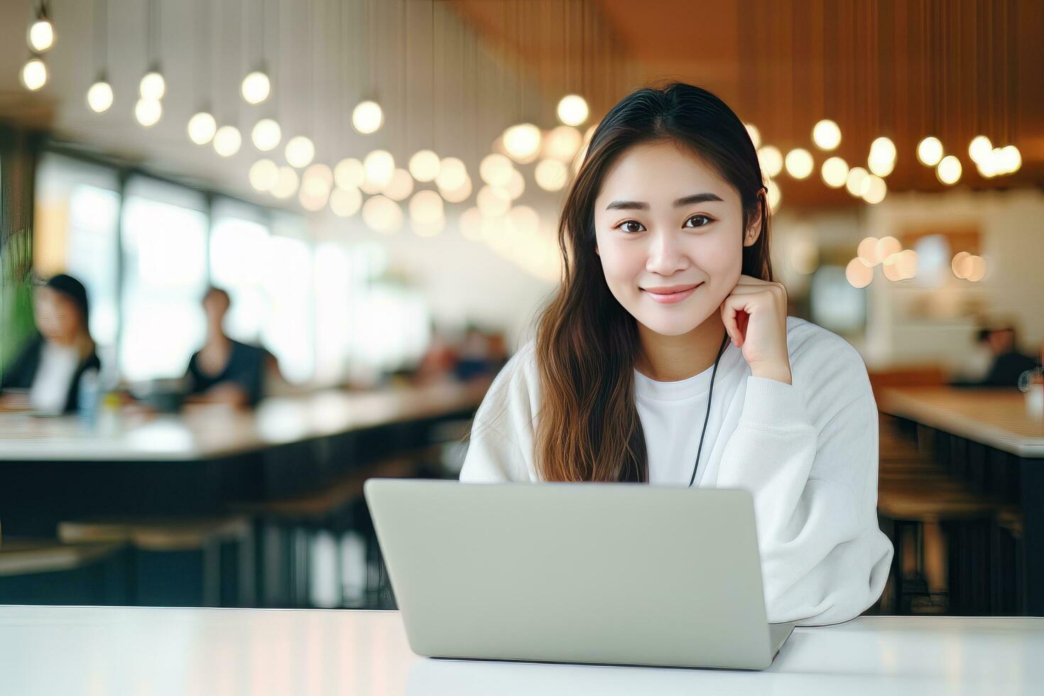 Portrait of Happy Asian Female Student Learning Online in Coffee Shop, Young Woman Studies with Laptop in Cafe, Doing Homework photo
