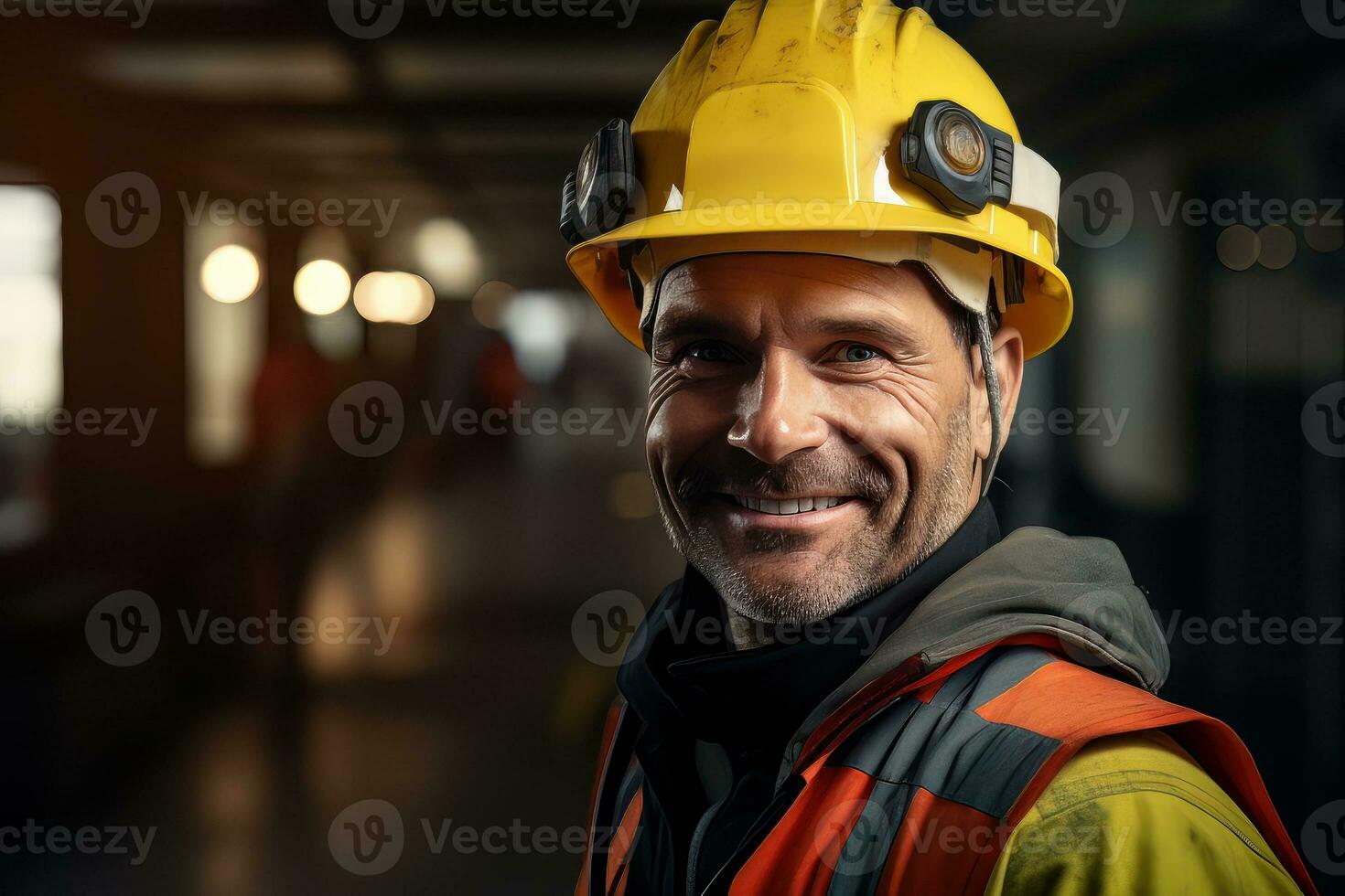 Portrait of Cheerful Workers Wearing Safety Uniform, Construction Engineering Works on Building Construction Site, Observes and Checking the Project. photo