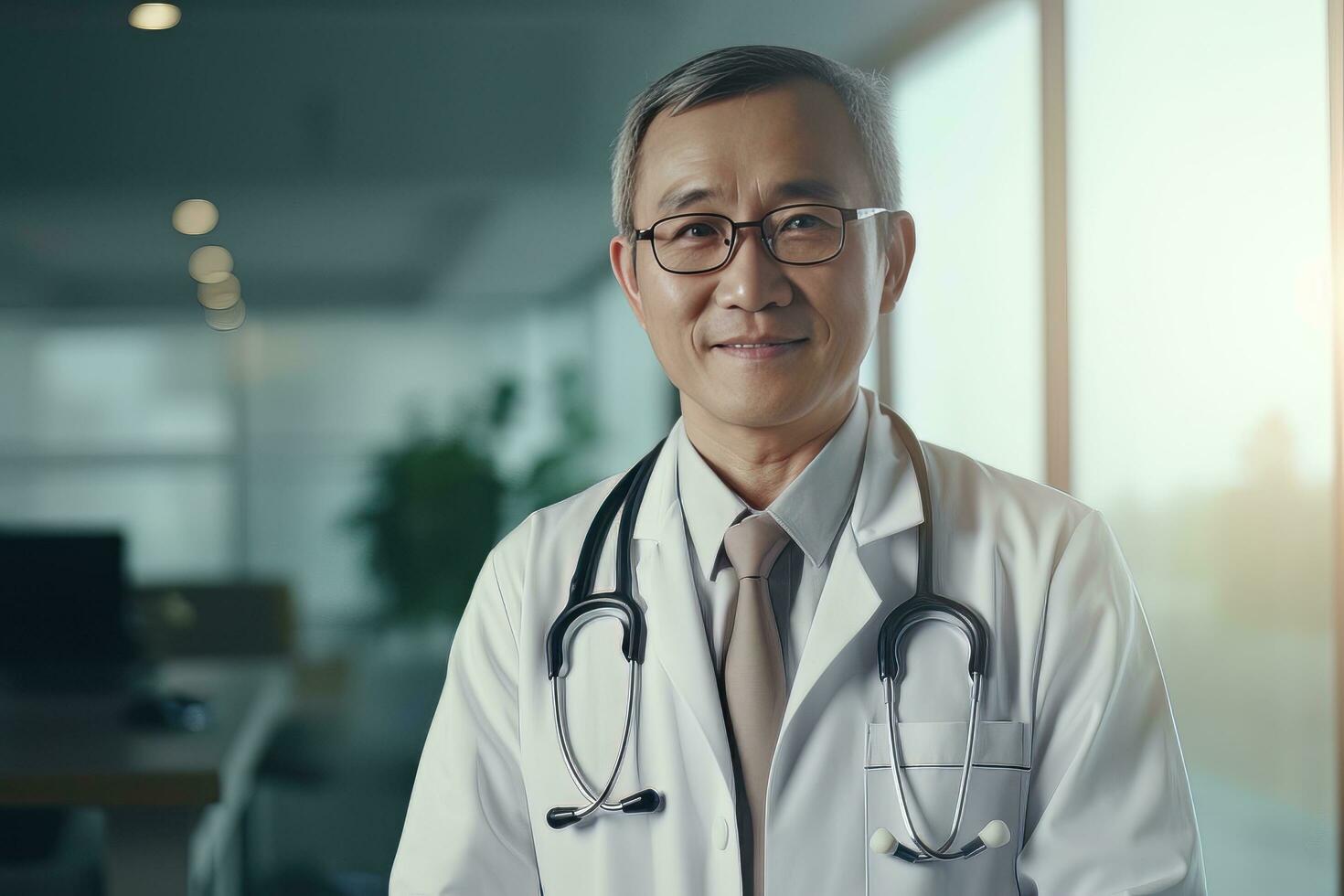 Portrait of Asian Doctor with Stethoscope in the Hospital, Experienced Senior Medical Doctor Smiling and Looking at Camera. photo