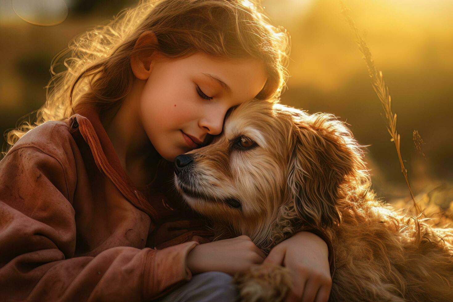 Little Girl Hugging her Dog with Warm Light Background, Kid Hugs a Stray Dog to Conveying a Sense of Love. photo