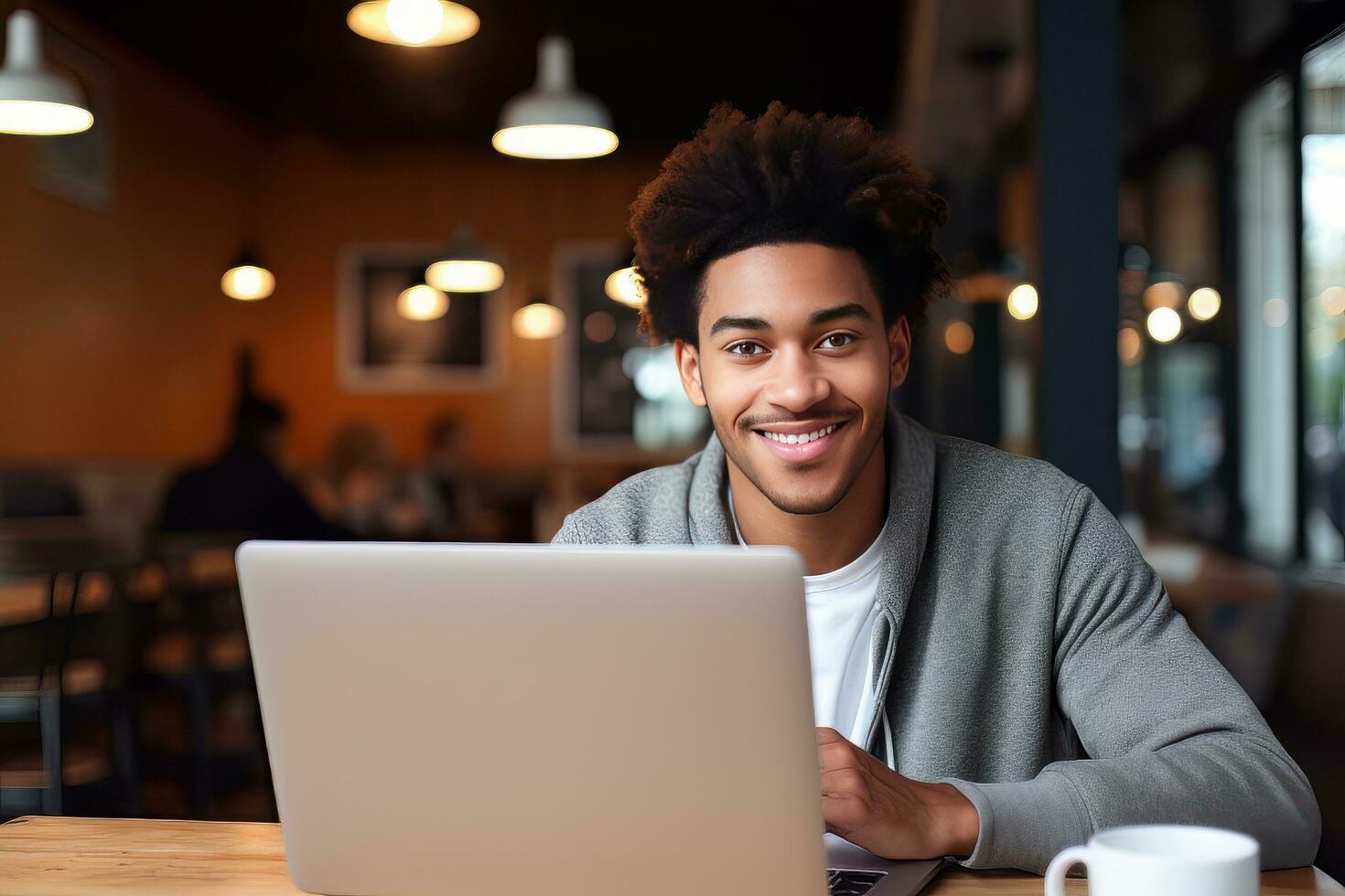 retrato de alegre negro masculino estudiante aprendizaje en línea en café comercio, joven africano americano hombre estudios con ordenador portátil en cafetería, haciendo deberes foto