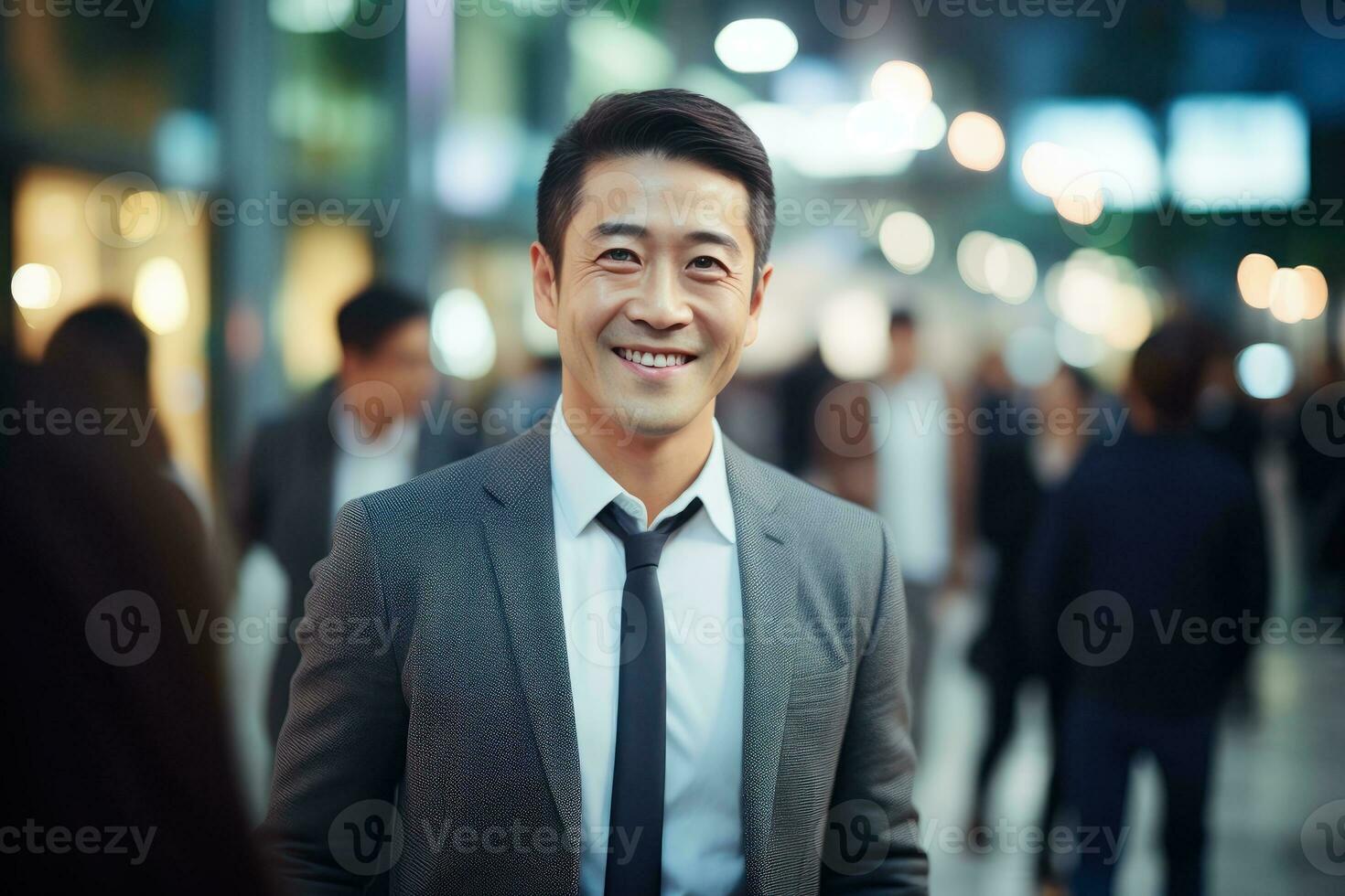 Portrait of Happy Businessman Walking on Street at Night, Handsome Asian Manager in Modern City Surrounded By Blurred People photo