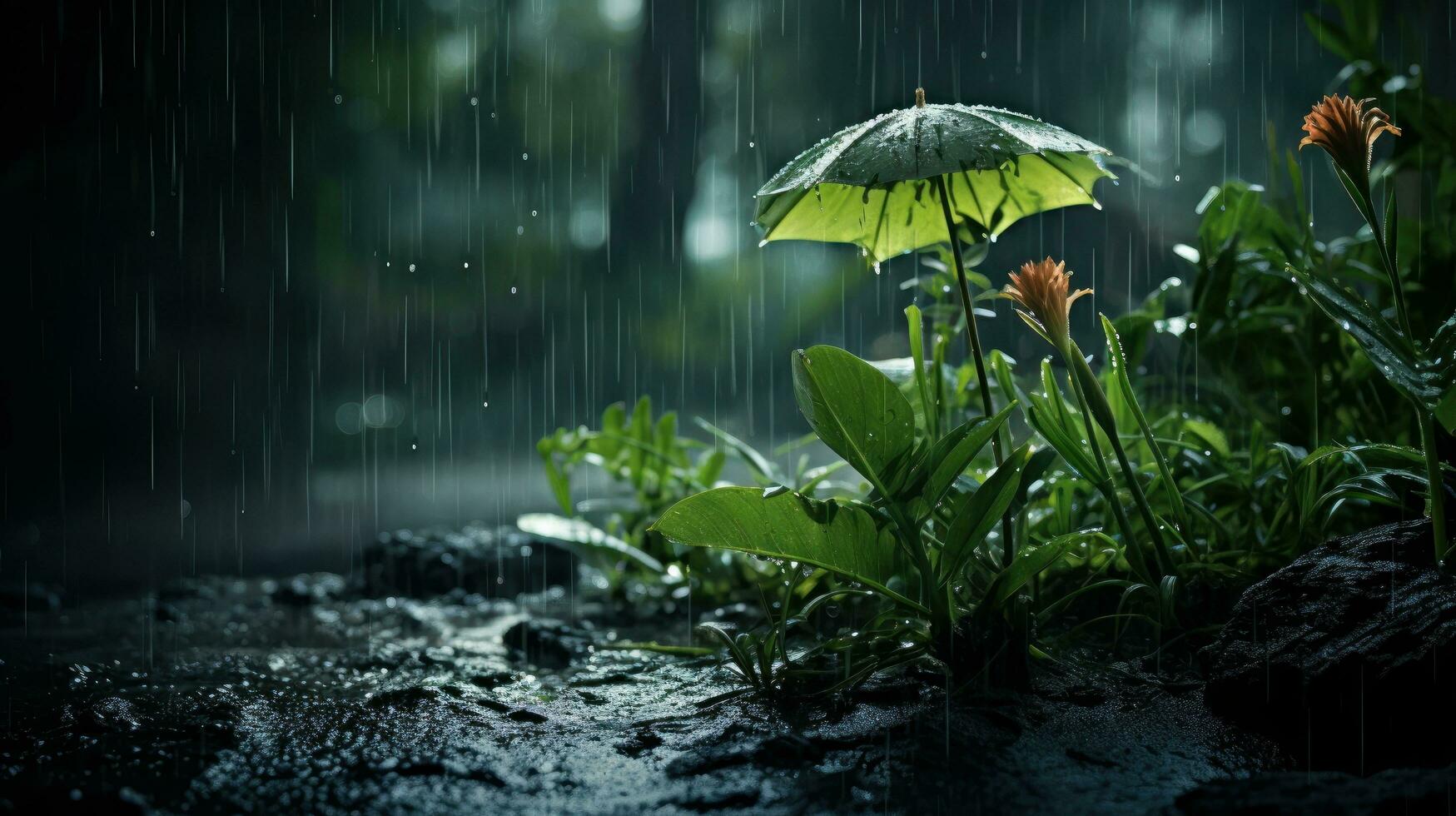 épico fotografía Disparo de lluvioso temporada fondo, disfrutando naturaleza lluvia y contento vida concepto. generativo ai foto