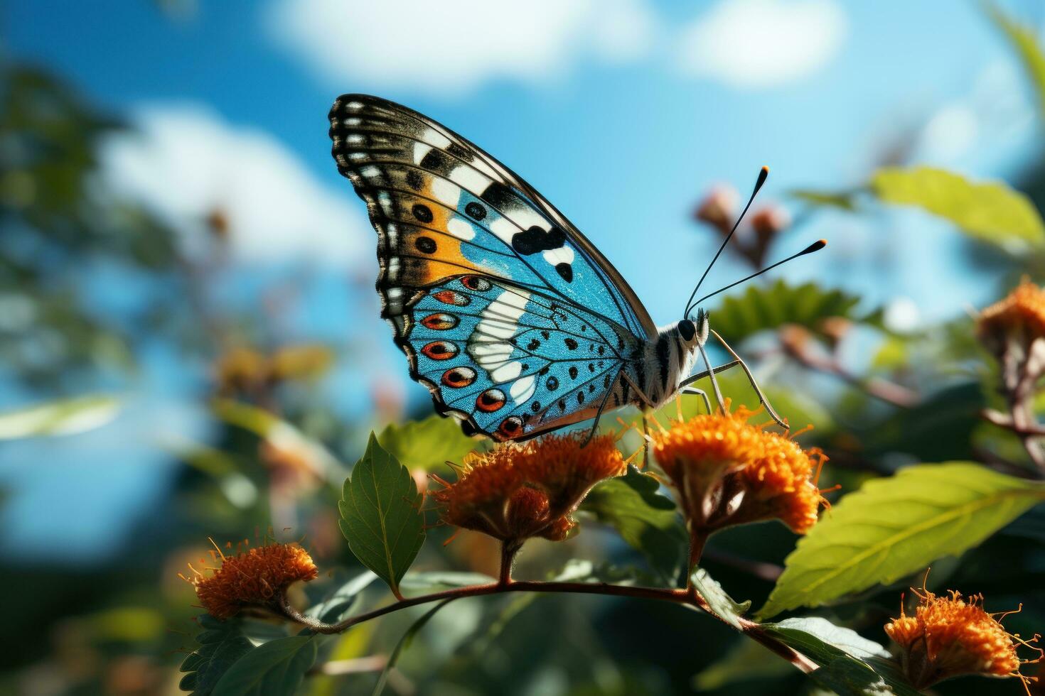 Beautiful Butterfly Surrounded by Flowers and Leaves Blue Sky Background. Generative Ai photo