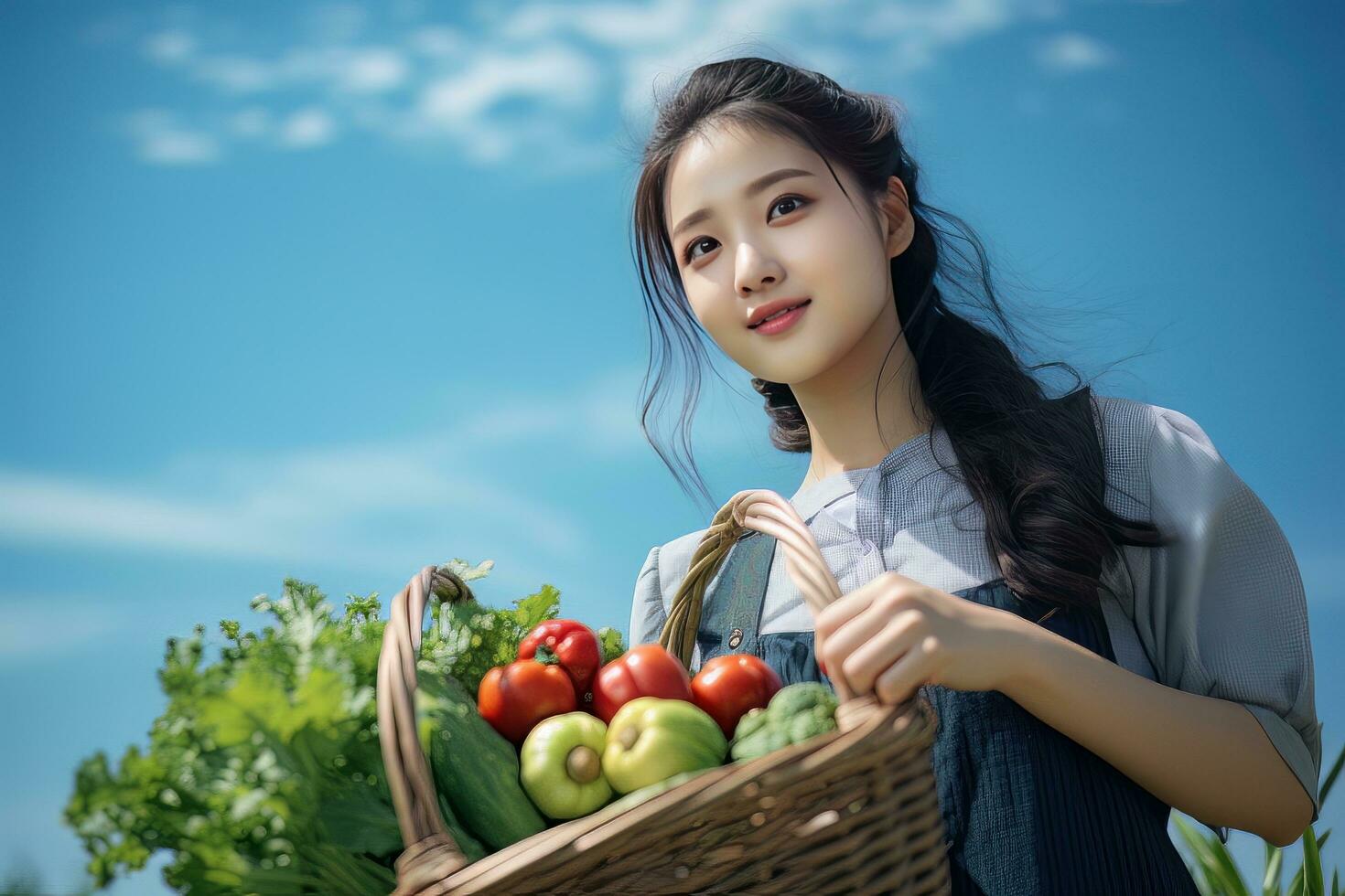 Asian Female Farmer with Basket of Fresh Vegetables, Presenting Organic Vegetables, Healthy Food photo