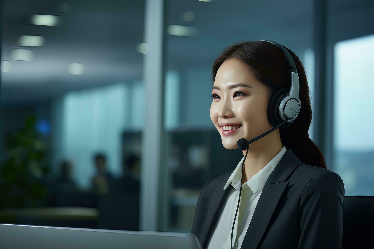 Portrait of a Beautiful Asian Customer Service Operator, Call Center Worker Talking Through Headset with Customer in Modern Office. photo