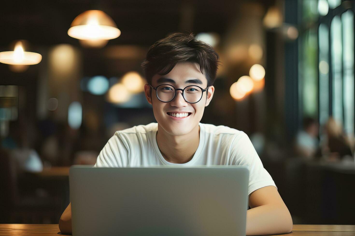 Portrait of Cheerful Male Student Learning Online in Coffee Shop, Young Asian Man Studies with Laptop in Cafe, Doing Homework photo