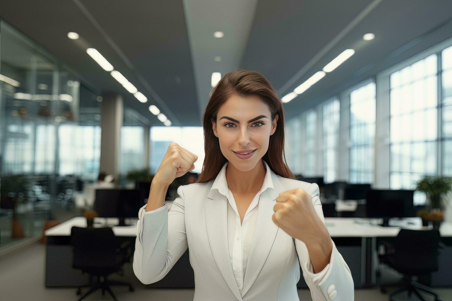 Confident Businesswoman Showing a Fighting Pose, Beautiful Manager Gestures Raising Fists in Modern Office, Female Entrepreneur Fights a Problem photo