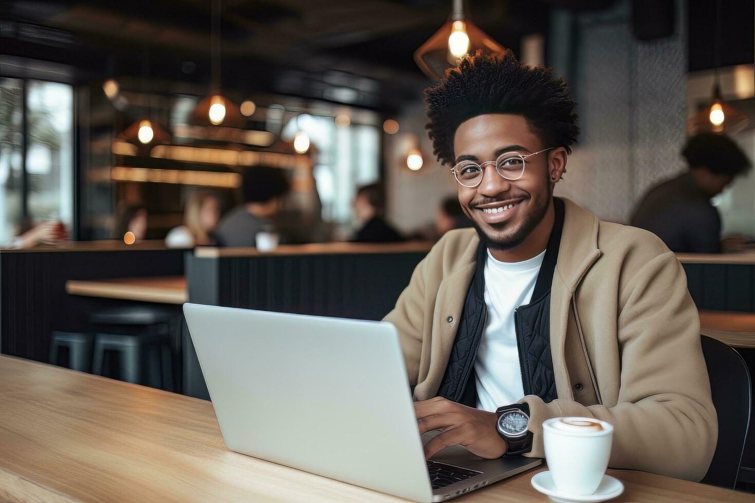 retrato de alegre negro masculino estudiante aprendizaje en línea en café comercio, joven africano americano hombre estudios con ordenador portátil en cafetería, haciendo deberes foto