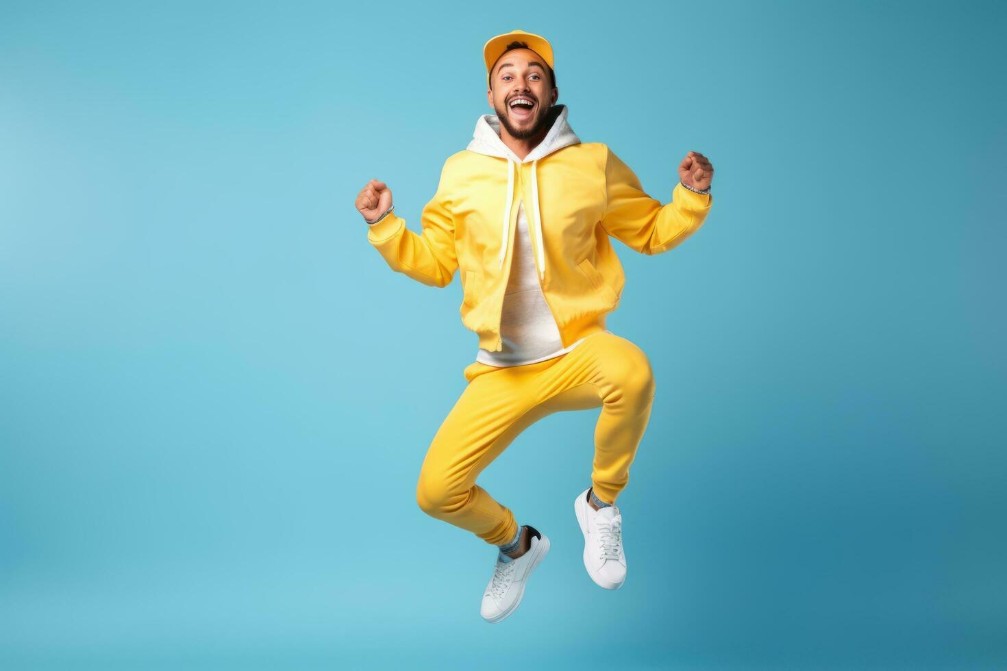 Portrait of Cheerful Man Wears Sport Fashion, Happy Sporty Male Smiling on Studio Background, Winner Gesture Celebrating. photo
