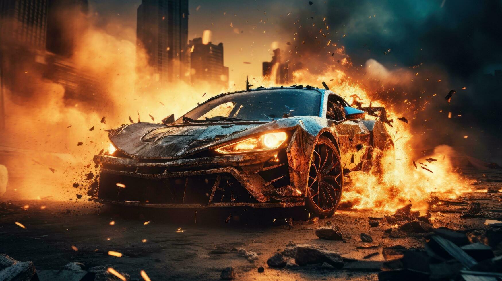 Car on Fire Accident, Burning Car Background, Car Insurance Concept. Generative Ai photo