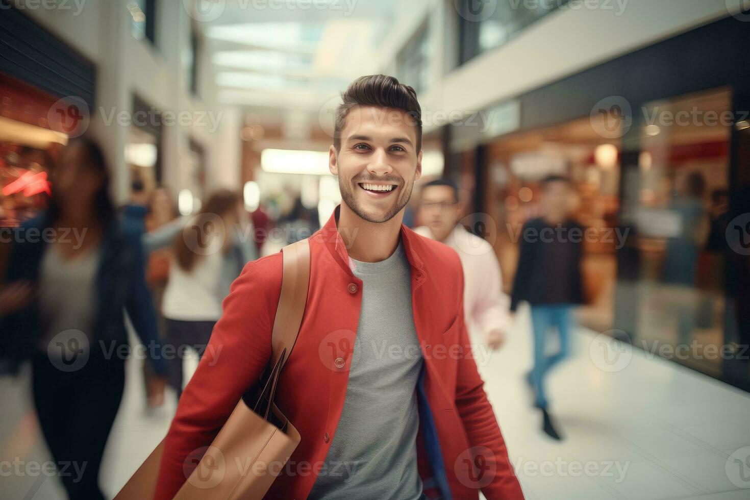 Portrait of Happy Male Goes to Shopping in Modern Clothing Store, Handsome Man Walking in Shopping Mall Surrounded By Blurred People. photo