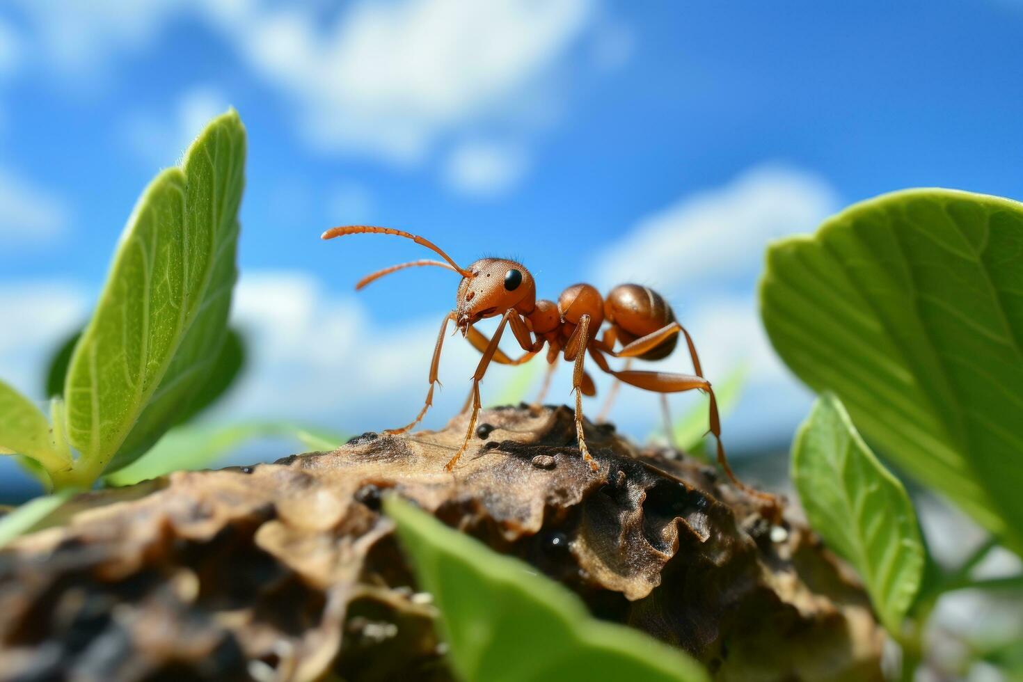 Close up Shot of Ant Finding Food on Leaf Cloudy Blue Sky Background. Generative Ai photo