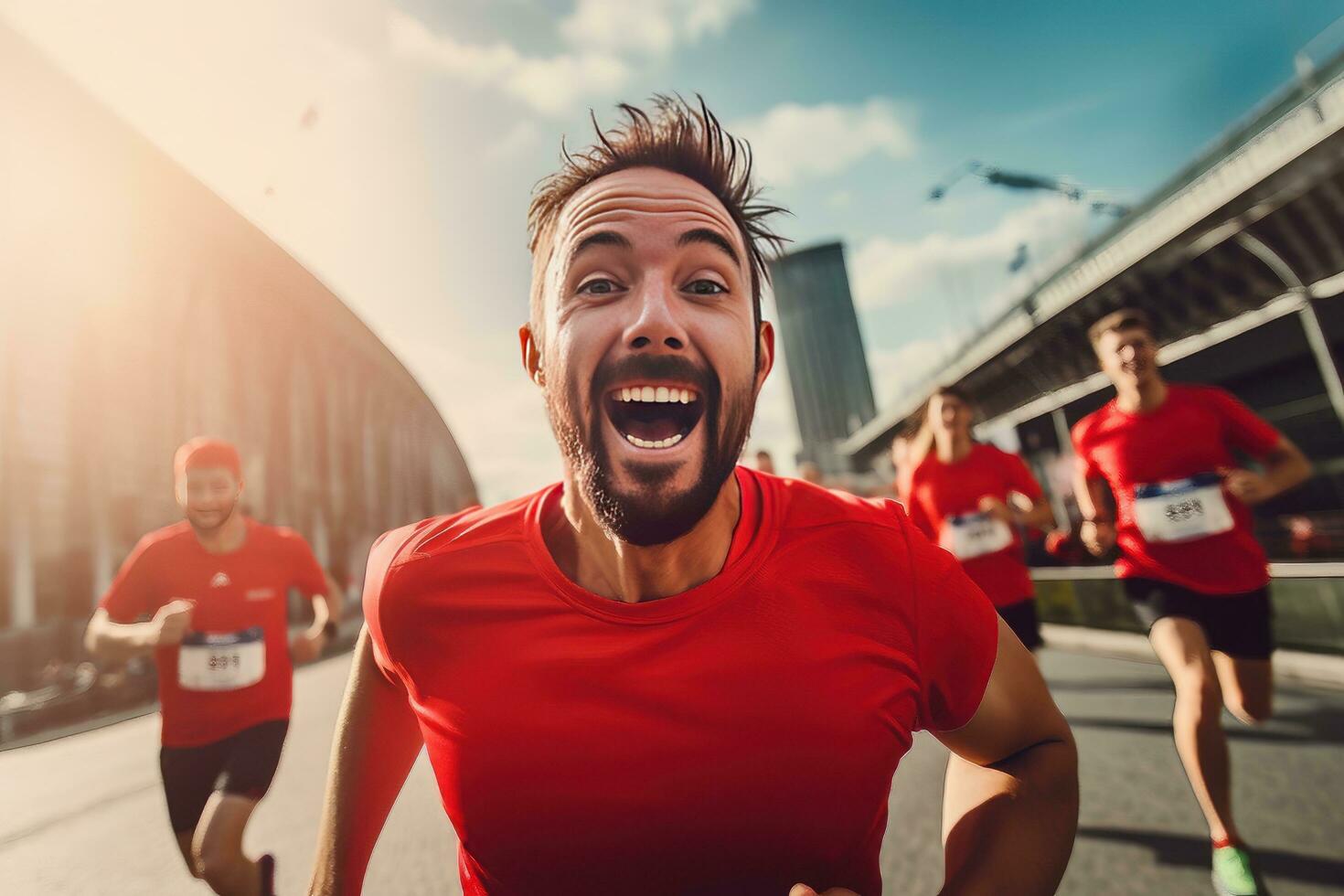 Male Running Marathon with other Runners on a Street of Modern City. Handsome Young Man Running for Healthy Life. photo