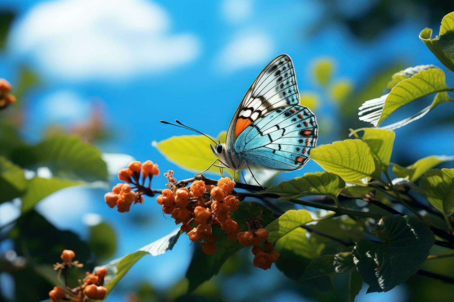 Beautiful Butterfly Surrounded by Flowers and Leaves Blue Sky Background. Generative Ai photo