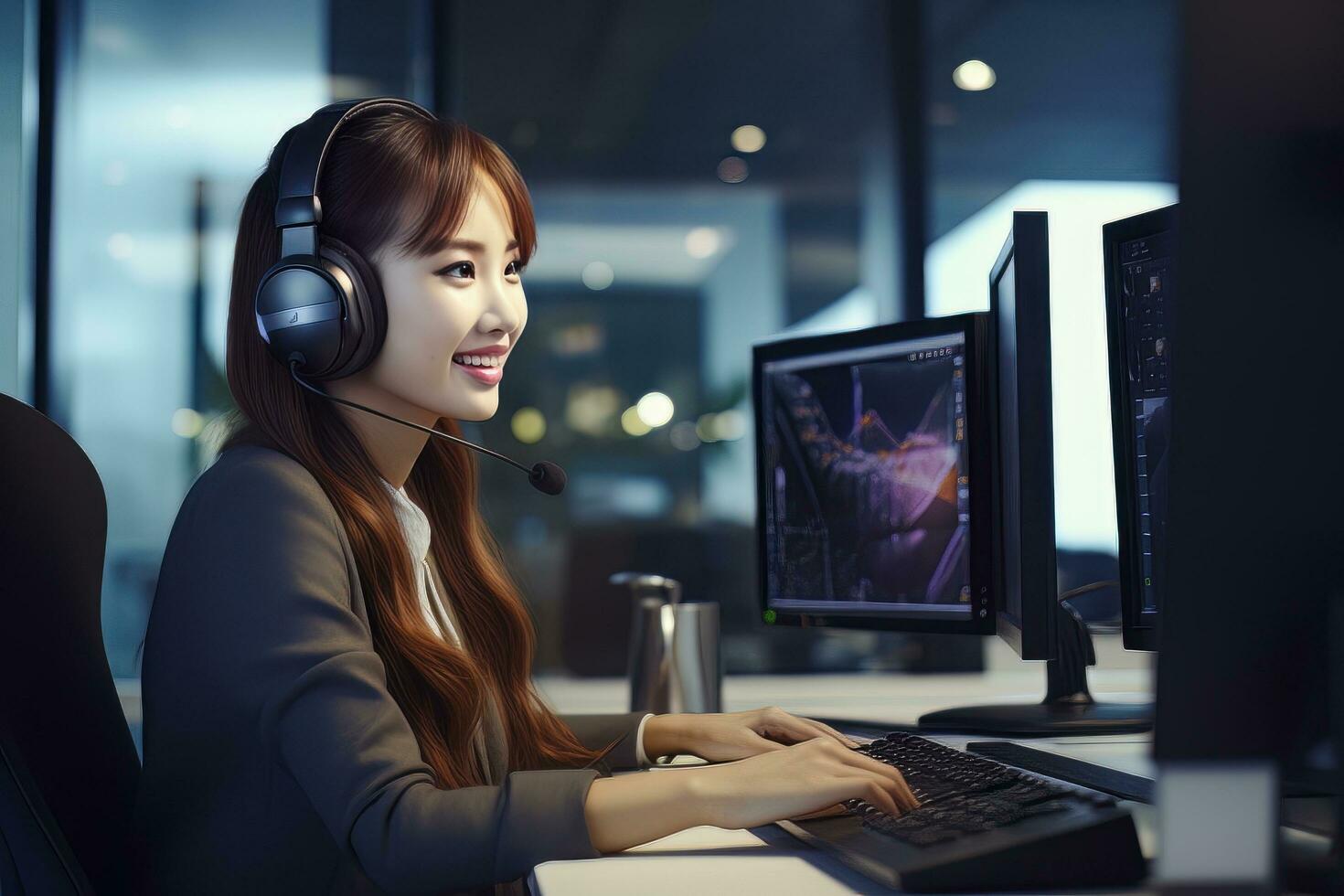 Portrait of a Beautiful Asian Customer Service Operator, Call Center Worker Talking Through Headset with Customer in Modern Office. photo