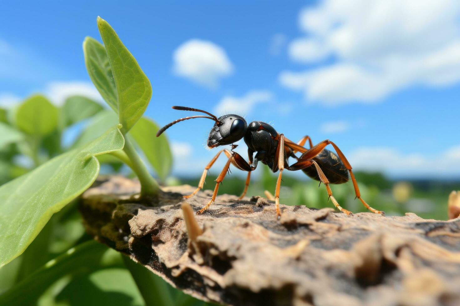 Close up Shot of Ant Finding Food on Leaf Cloudy Blue Sky Background. Generative Ai photo
