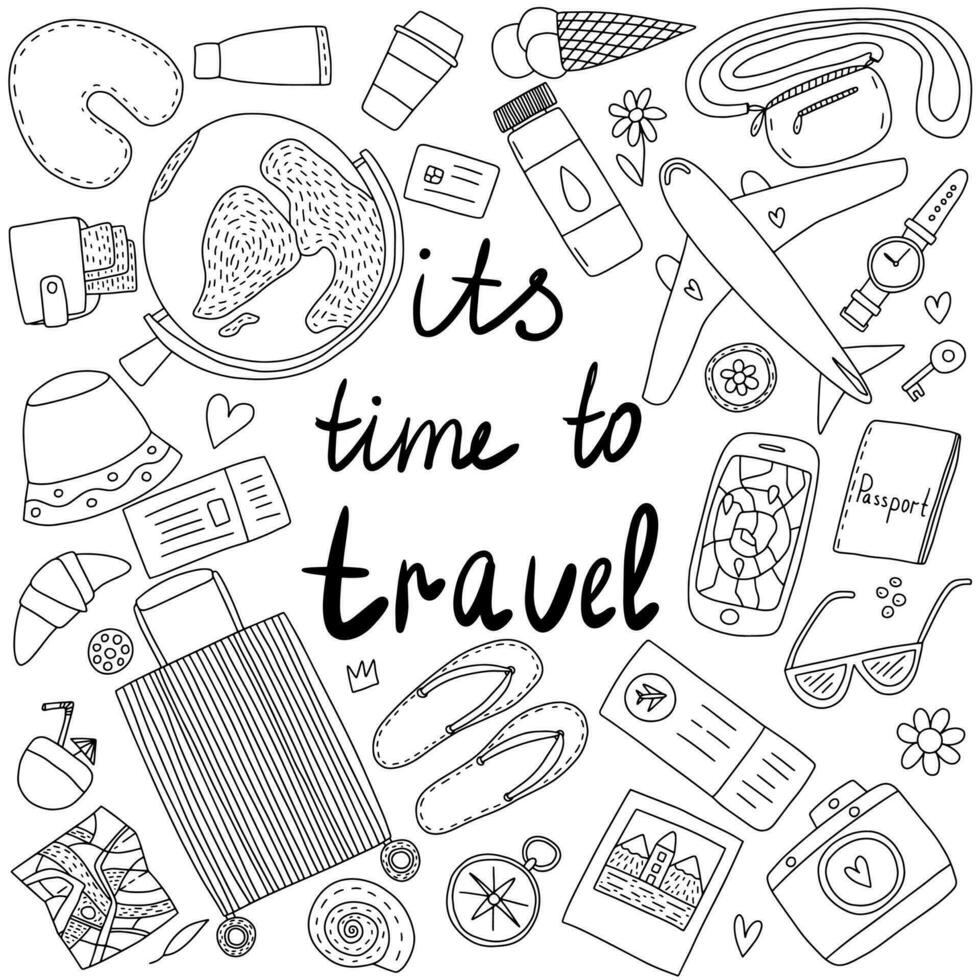 Hand drawn doodle travel elements set. Vector set of travel items sketch. Globe, plane, suitcase, ticket, mobile phone, map, compass, watch and photo.