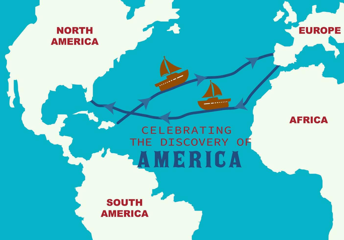 Columbus Routes Map from Europe to America. World Map With Columbus Route Sailing ship. Columbus Day Infographic Discovery of America. Spain to America sailboat voyages of Christopher Columbus. Flag. vector