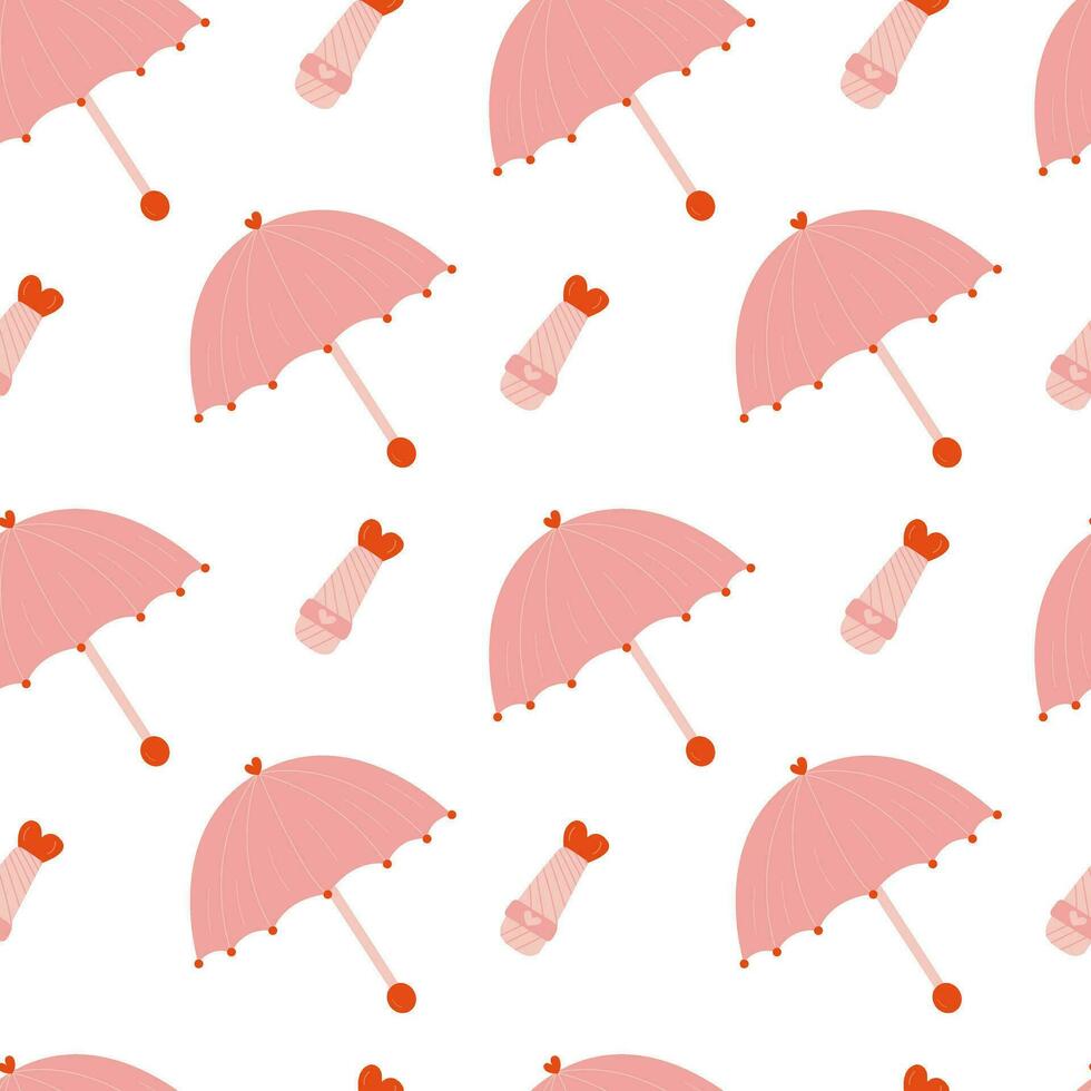 Pink umbrella seamless pattern. Cartoon open and folded pink umbrella pattern in barbiecore style vector