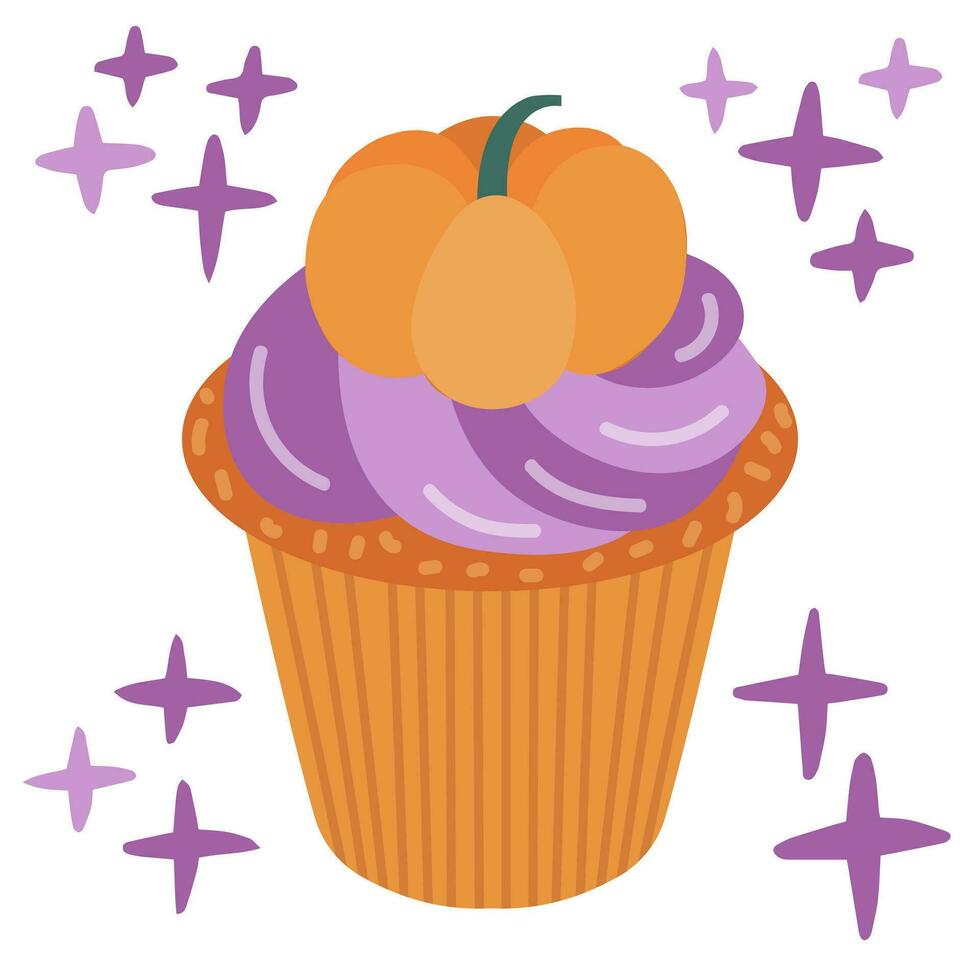 Vector Halloween cupcake with pumpkin. Cartoon Halloween muffin isolated