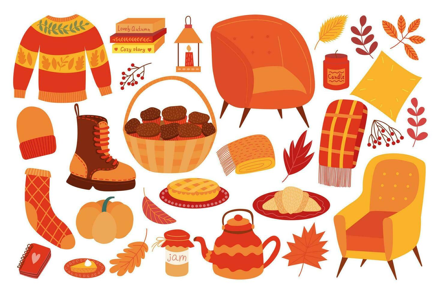 Big autumn cartoon stickers set. Cozy autumn vector set of home elements. Sweater, armchair, plaid, scarf, boot, sock, pumpkin pie, autumn leaves, outdoor light, basket with maffins and kettle.