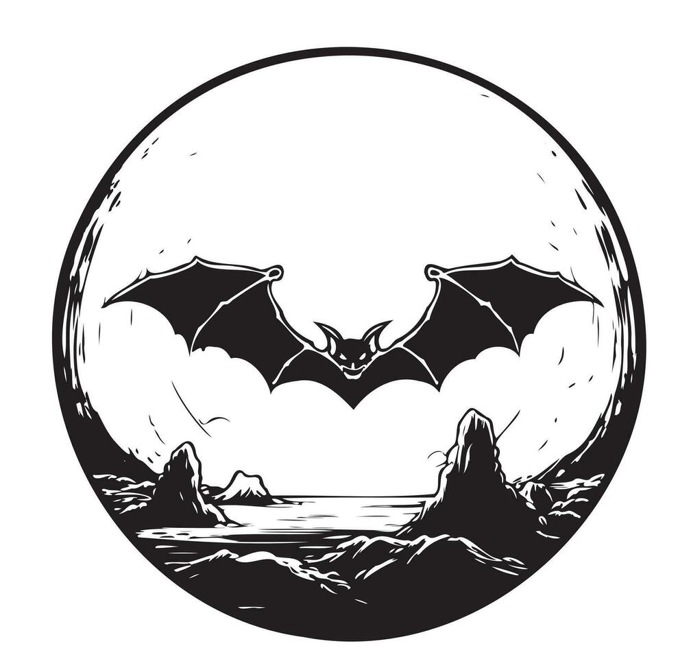 Bat on the background of the moon hand drawn sketch Halloween Vector illustration