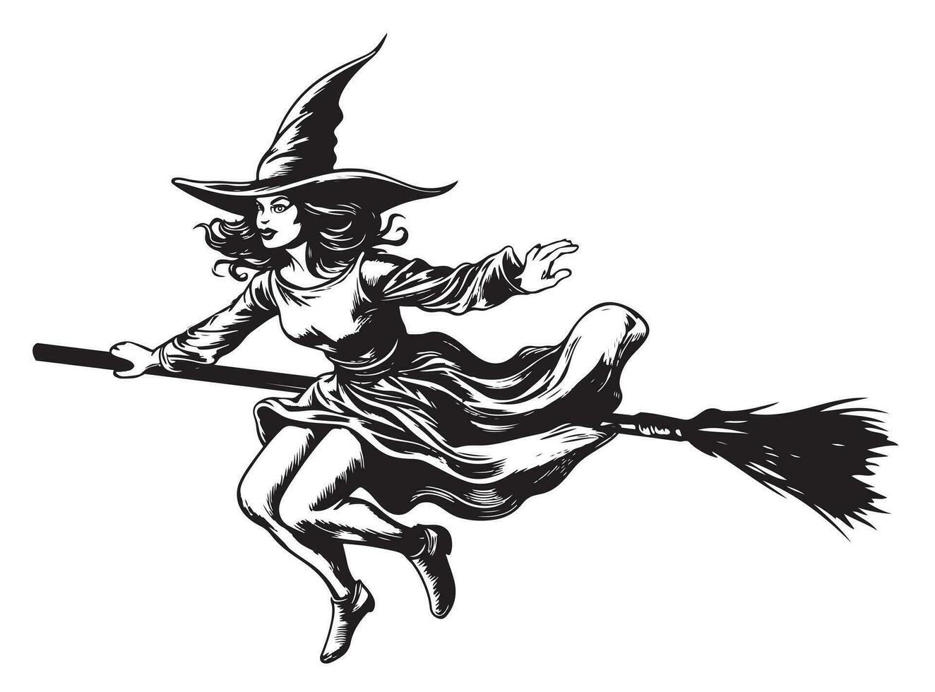 Witch flying cartoon sketch hand drawn Halloween Vector illustration