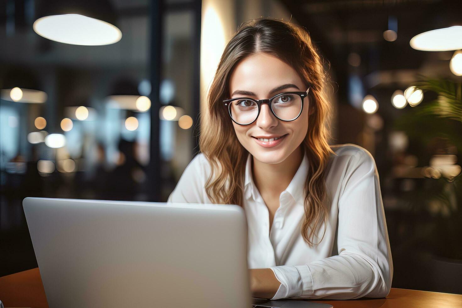 Portrait of Beautiful European Female Student Learning Online in Coffee Shop, Young Woman Studies with Laptop in Cafe, Doing Homework photo