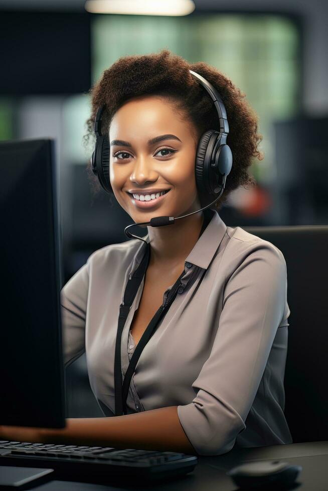 Portrait of a Beautiful African Customer Service Operator, Call Center Worker Talking Through Headset with Customer in Modern Office. photo