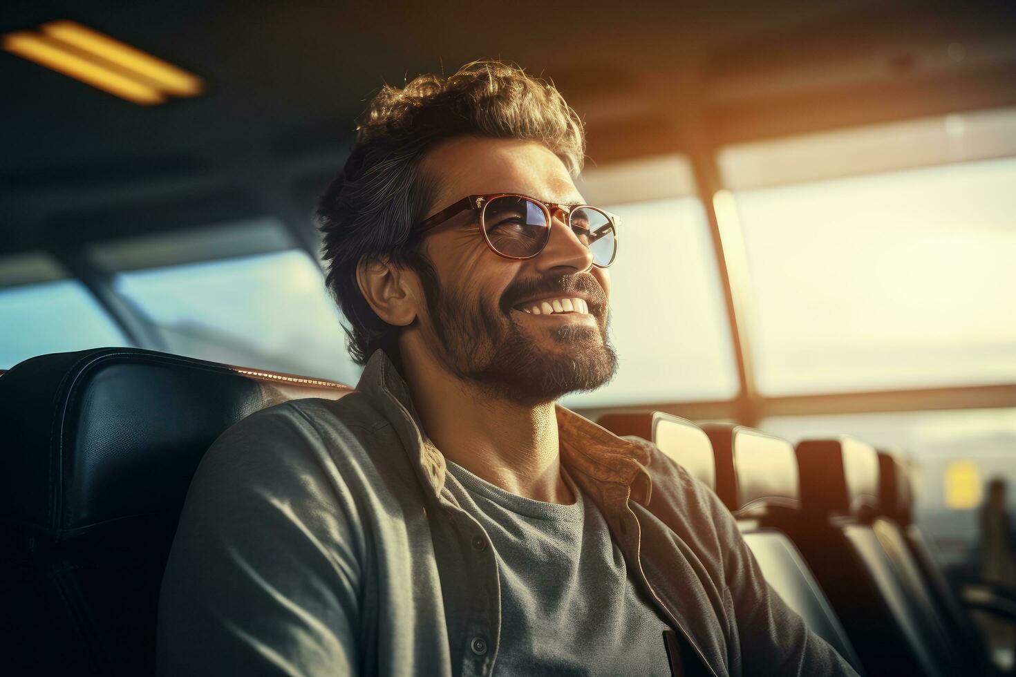 contento turista sonriente a aeropuerto Terminal, alegre hombre murga para vuelo en un embarque salón de aerolínea centro. foto