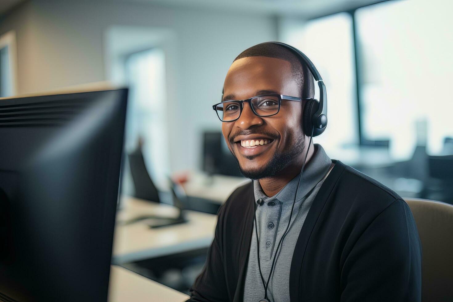 Portrait of a Handsome African Man, Customer Service Operator, Call Center Worker Talking Through Headset with Customer in Modern Office. photo