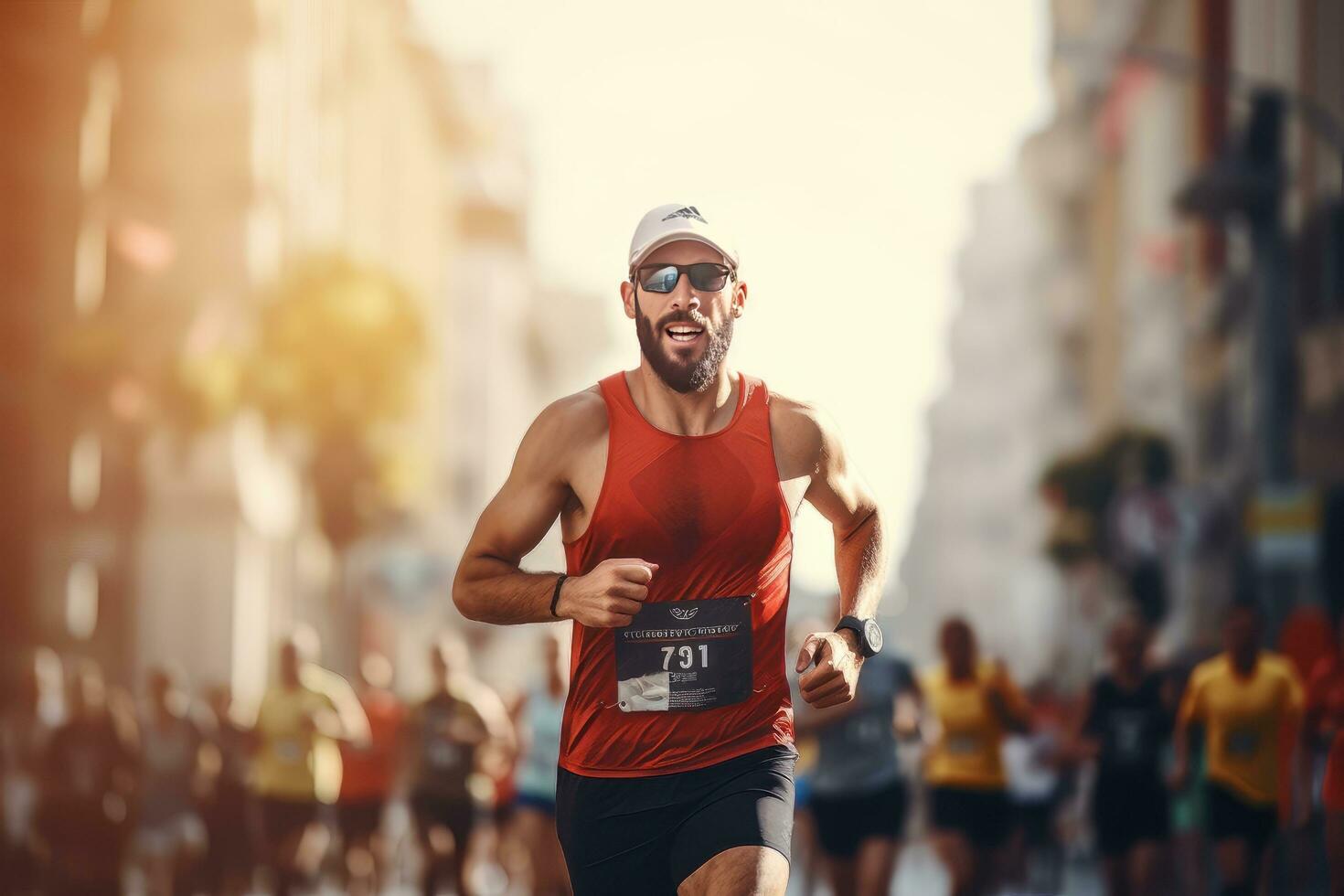 Male Running Marathon with other Runners on a Street of Modern City. Handsome Young Man Running for Healthy Life. photo